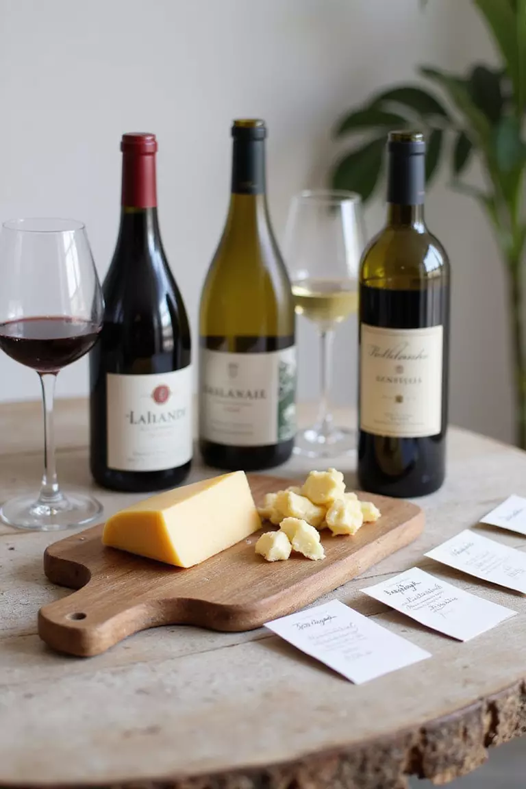 Wine Tasting Station A professional photo, similar to a photo in a home design magazine, of a small table set up with different wine bottles, glasses, cheese board, and handwritten tasting cards.