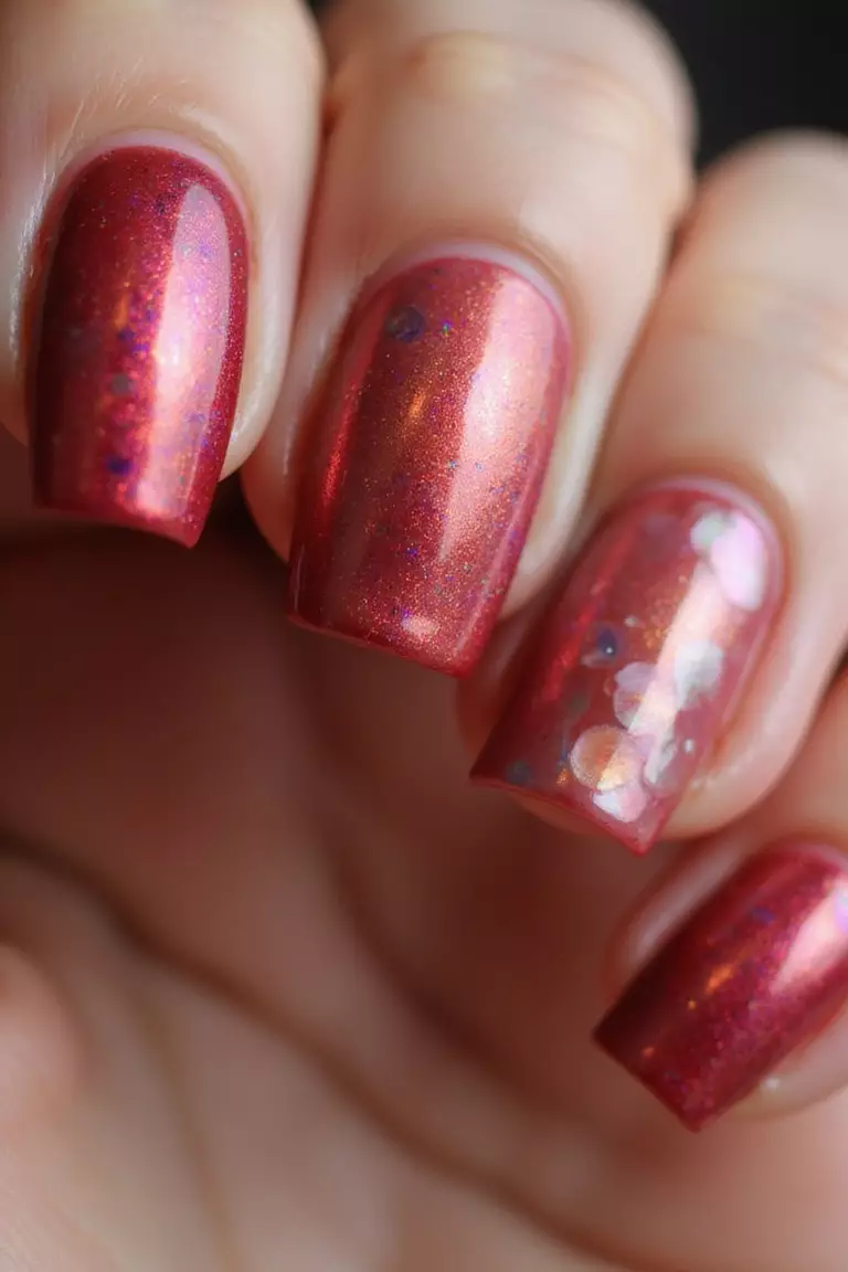 Close-up of a woman's hand with iridescent red pearl-finish nails that shift color slightly in different lighting, giving a luxurious mother-of-pearl effect.