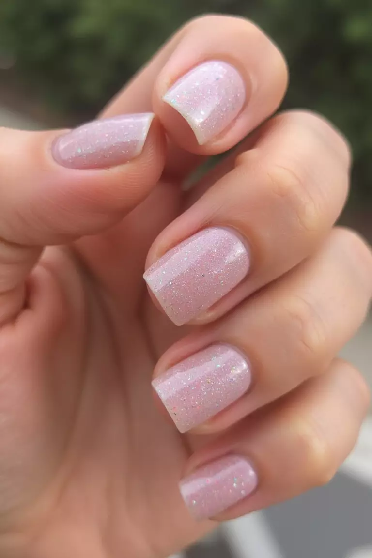 Pink Shimmer Close-up of a woman's hand with five fingers featuring short nails with pale pink polish containing subtle shimmer particles that catch the light.