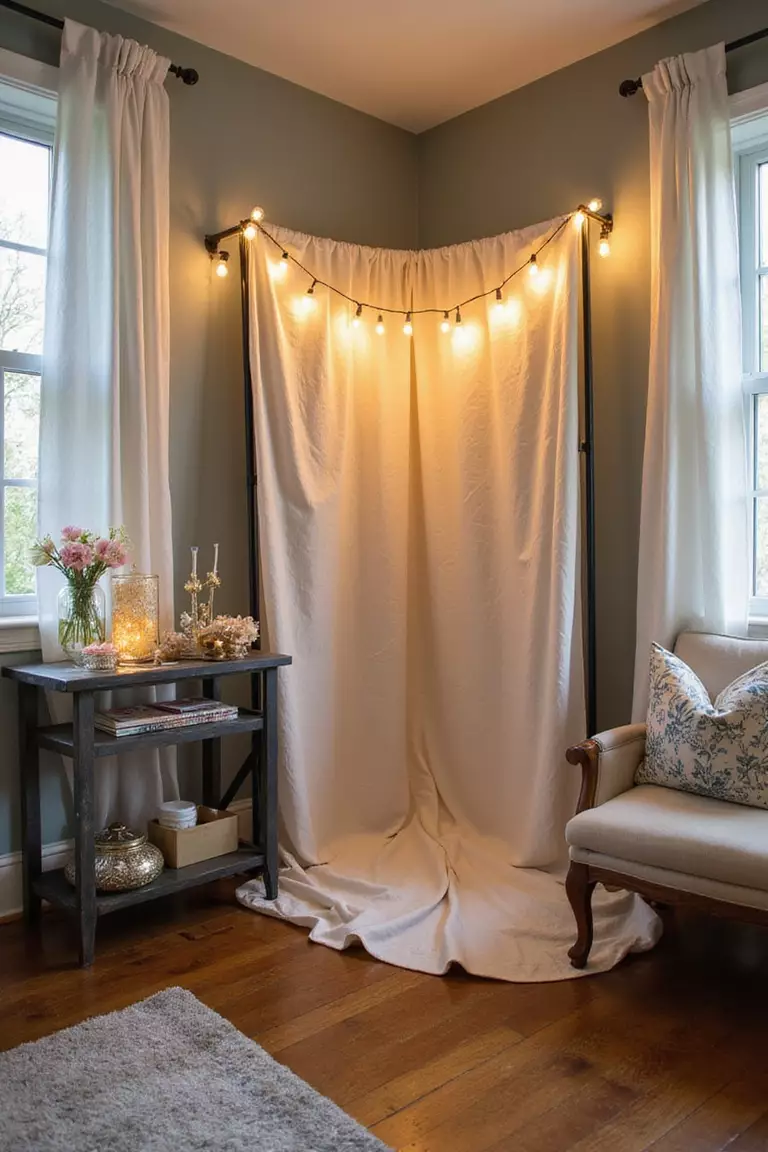 DIY Photo Booth A professional photo, similar to a photo in a home design magazine, of a corner transformed into a photo booth with a fabric backdrop, props on a table, and decorative lighting.