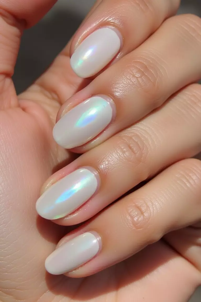 Pearly White Close-up of a woman's hand with pearly white nails with iridescent finish.