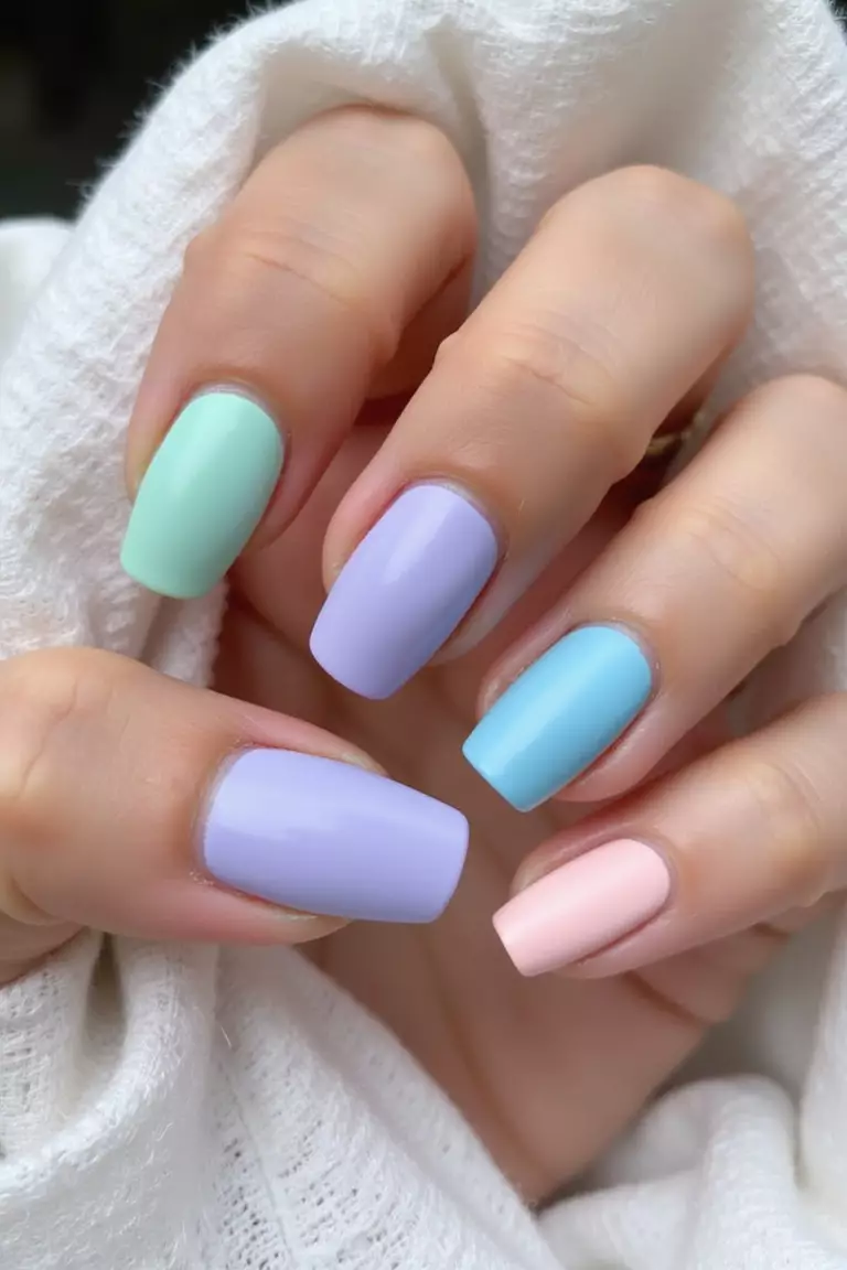 Whimsical Pastels: Soft and Dreamy Summer Hues Close-up of a woman's hand with multi-colored pastel nails in mint, lavender, baby blue, and soft pink with a matte finish against a white lace background.