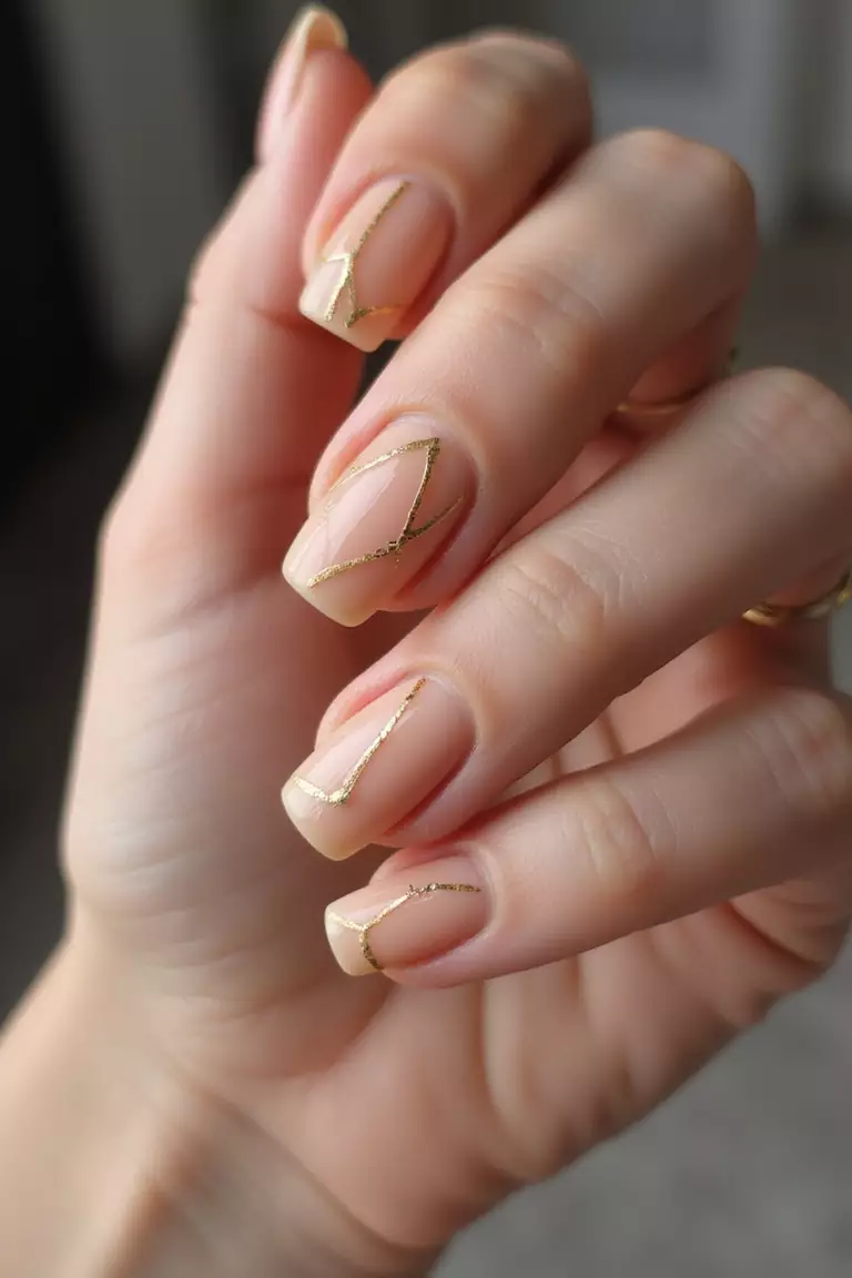 Close-up of a woman's hand showing nude nails with delicate gold geometric line designs, photographed with directional lighting to highlight the metallic details against the neutral base.