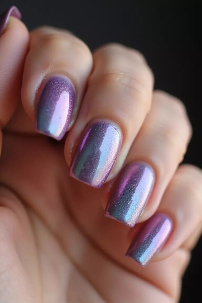 Instant Iridescent Mani Close-up of a woman's hand with five fingers featuring short nails with iridescent polish that shifts colors in the light, showing purple, blue, and pink reflections.