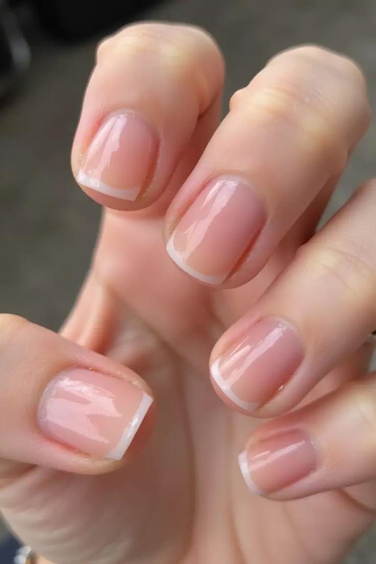 Simple Shine Close-up of a woman's hand with five fingers featuring short nails with clear, high-gloss polish that creates a wet-look shine without color.