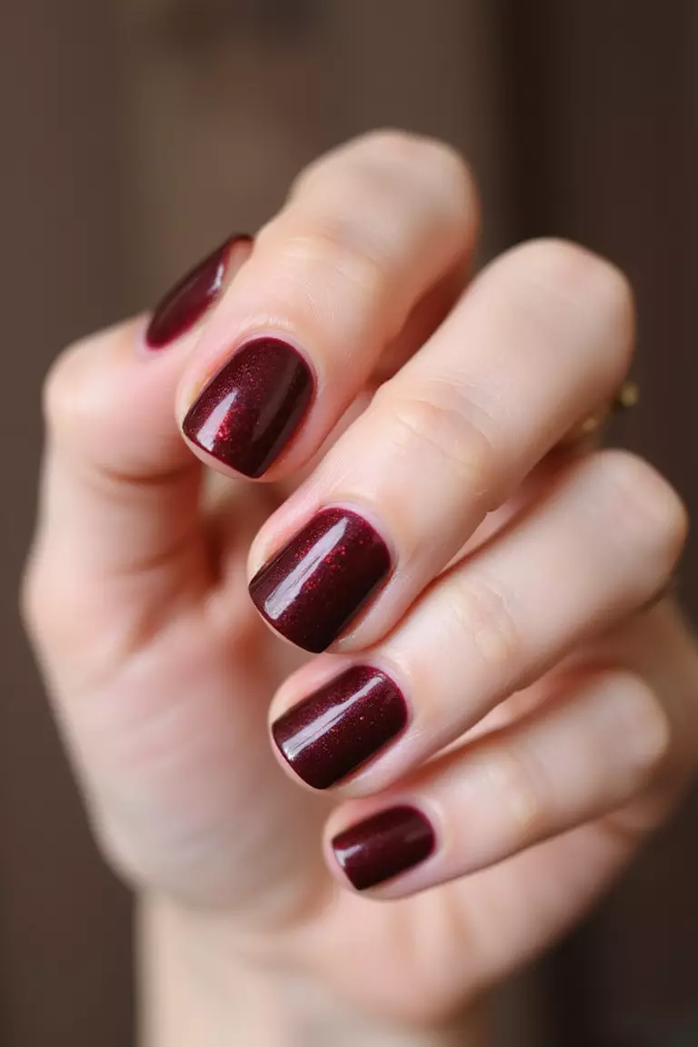 Close-up of a woman's hand with deep cranberry-colored nails that blend burgundy and red tones, looking rich and sophisticated against pale skin.