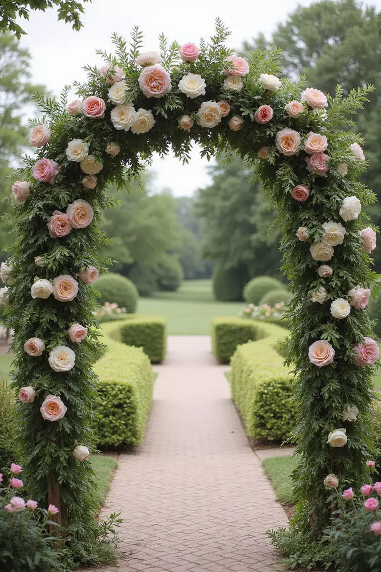 Flower Arch Entrance A professional photo, similar to a photo in a wedding magazine, of a stunning floral arch entrance to a garden wedding, with roses, peonies, and greenery, creating a magical pathway for guests.