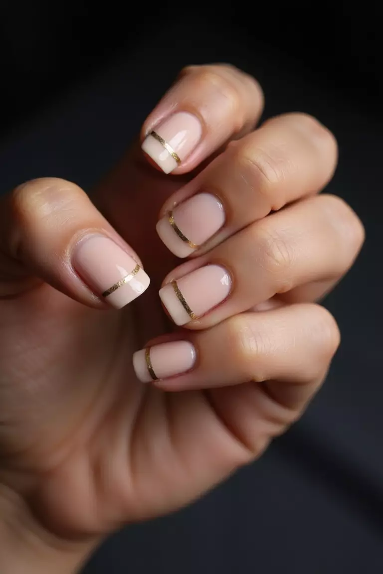 Close-up of a woman's hand with nude nails featuring a single horizontal gold stripe across each nail, photographed against dark background to highlight the metallic accent.