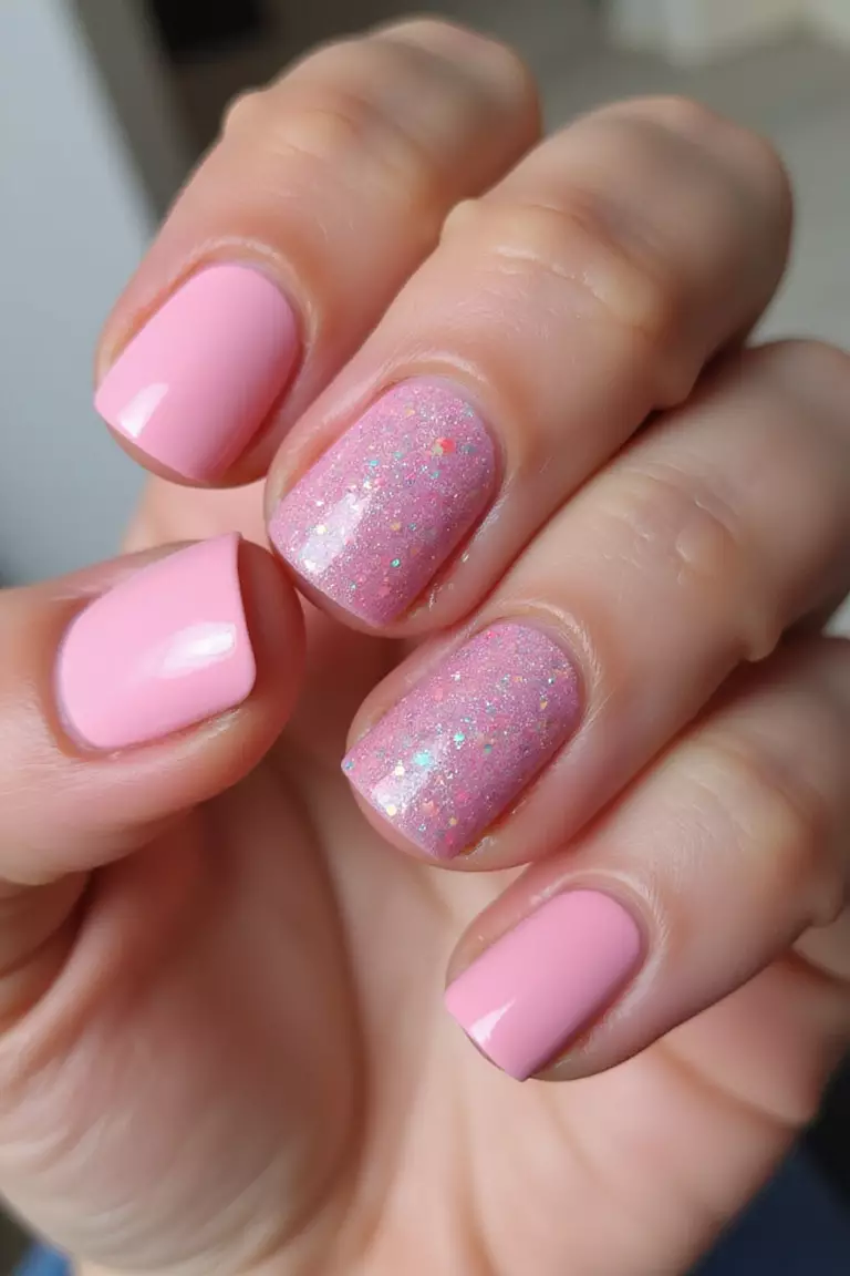 Pink Glitter Accent Nails Close-up of a woman's hand with five fingers featuring pink nails with two fingers covered in sparkly pink glitter, other nails in solid pink.