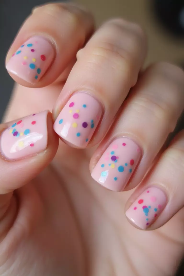 Pink Confetti Nails Close-up of a woman's hand with five fingers featuring pink nails with multi-colored tiny confetti pieces scattered across, celebration-inspired design.
