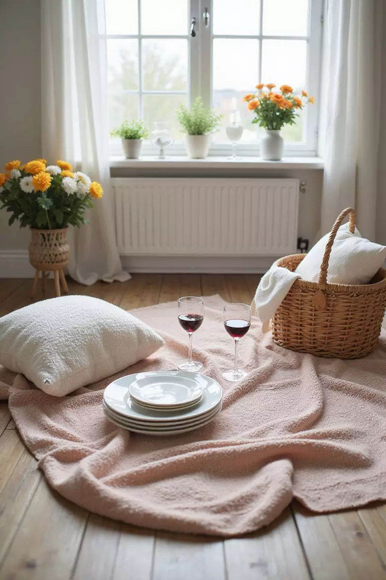 Indoor Picnic Setup A professional photo, similar to a photo in a home design magazine, of a living room floor with a blanket, pillows, picnic basket, wine glasses, and small vases with flowers.