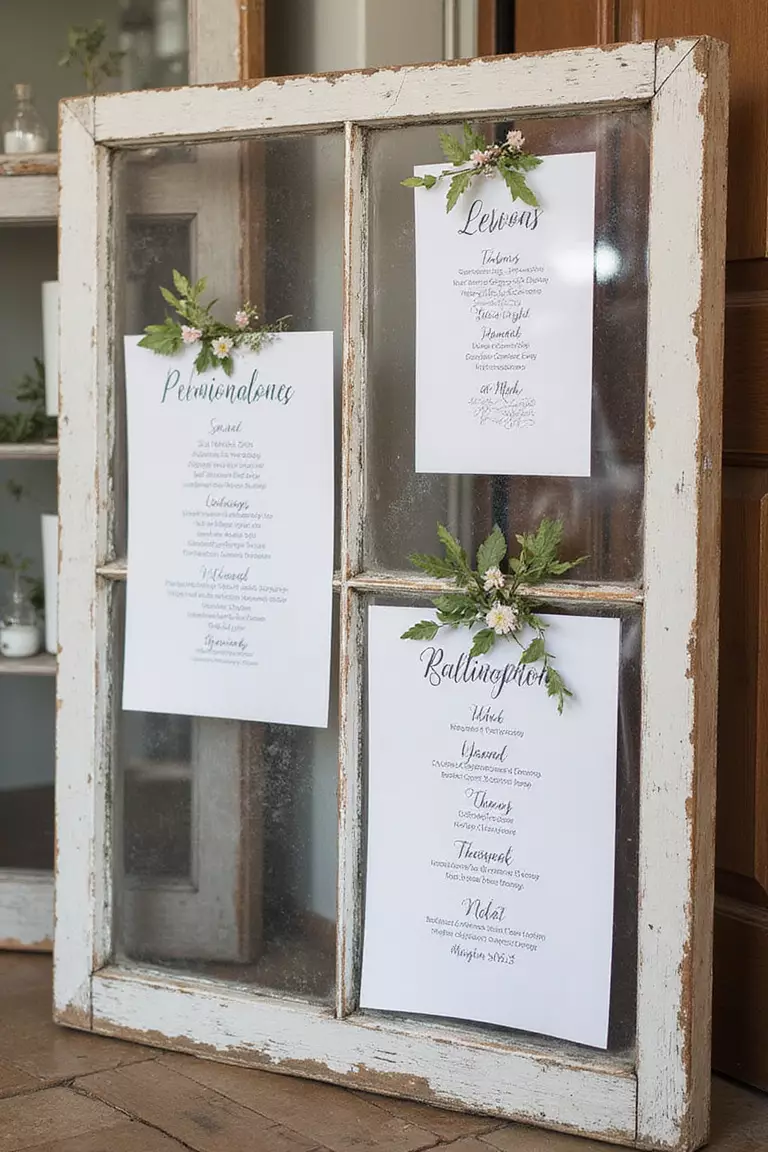 Repurposed Window Frames A professional photo, similar to a photo in a wedding magazine, of weathered window frames with glass panes displaying handwritten wedding menus and seating arrangements, decorated with small flower sprigs.
