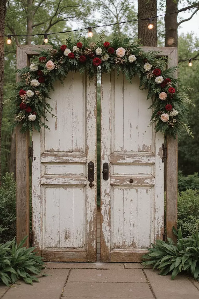 Old Doors as Backdrops A professional photo, similar to a photo in a wedding magazine, of weathered wooden doors with peeling paint standing upright, decorated with floral garlands and string lights, creating a rustic altar.