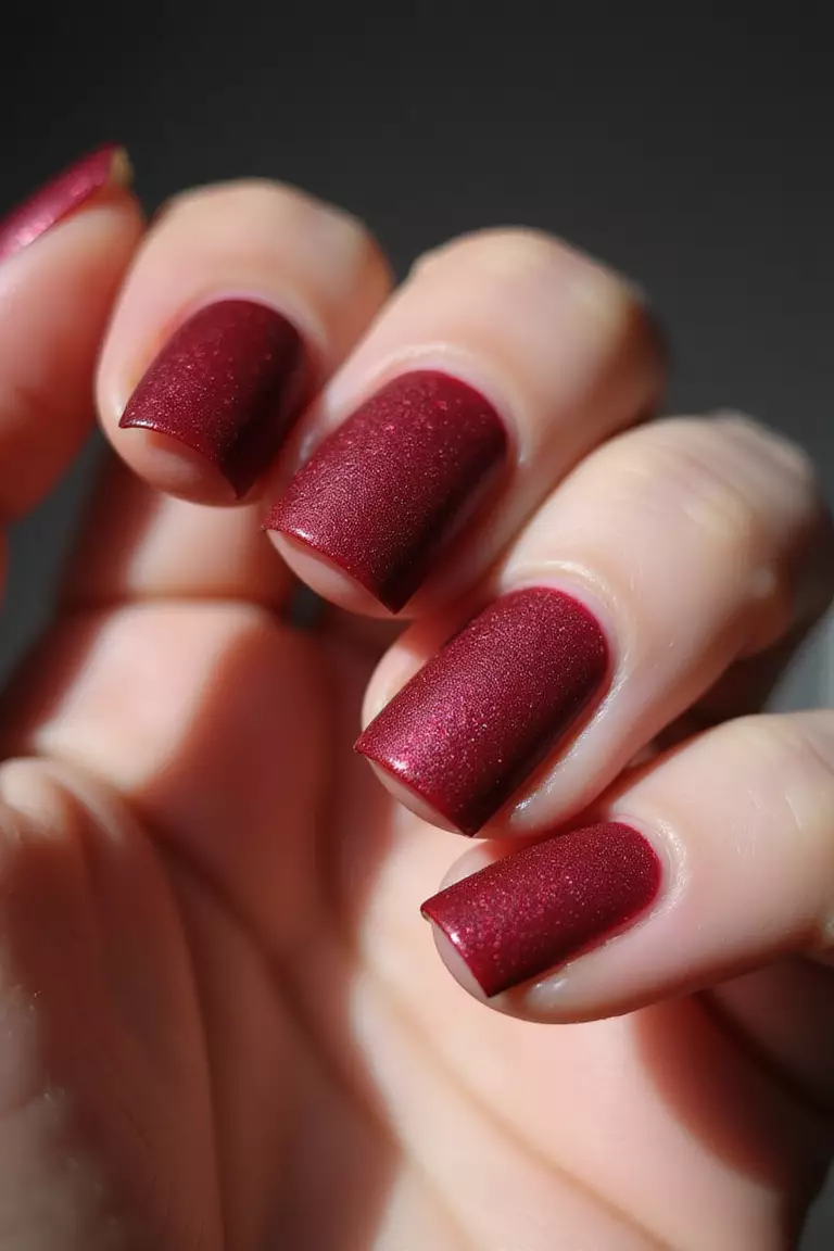 Close-up of a woman's hand with deep red velvet-textured nails that have a subtle matte finish with rich depth, posed elegantly.
