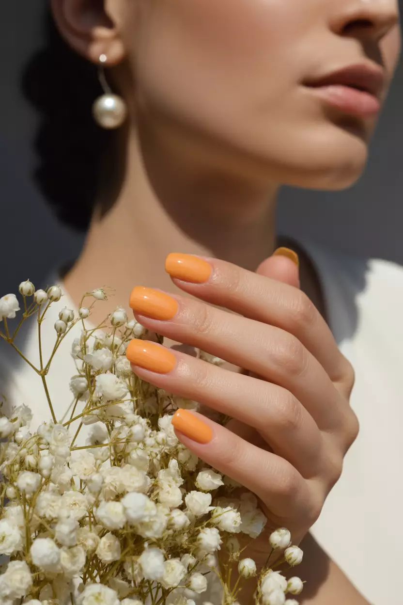 Peachy Keen Close-up of a woman's hand with peachy-orange nails in a glossy finish, positioned against complementary summer colors or wedding elements.