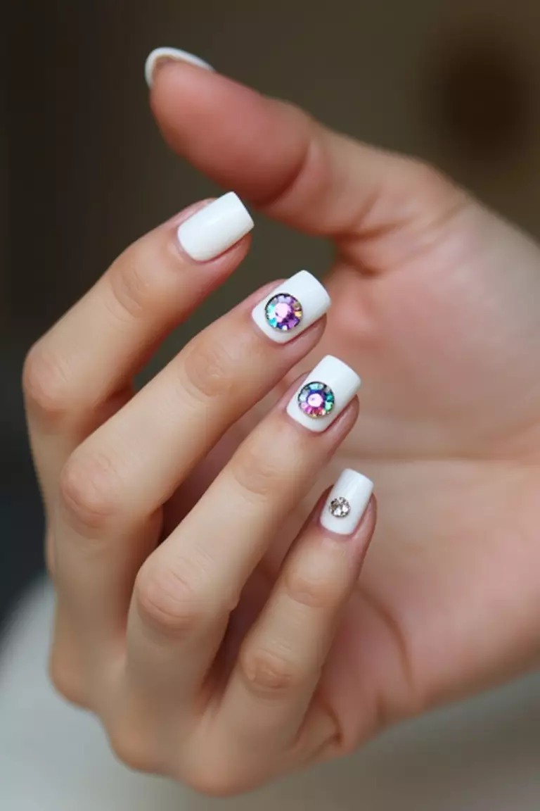 Jewel Accents Close-up of a woman's hand with five fingers featuring white nails with strategically placed colored jewels or rhinestones creating focal points.