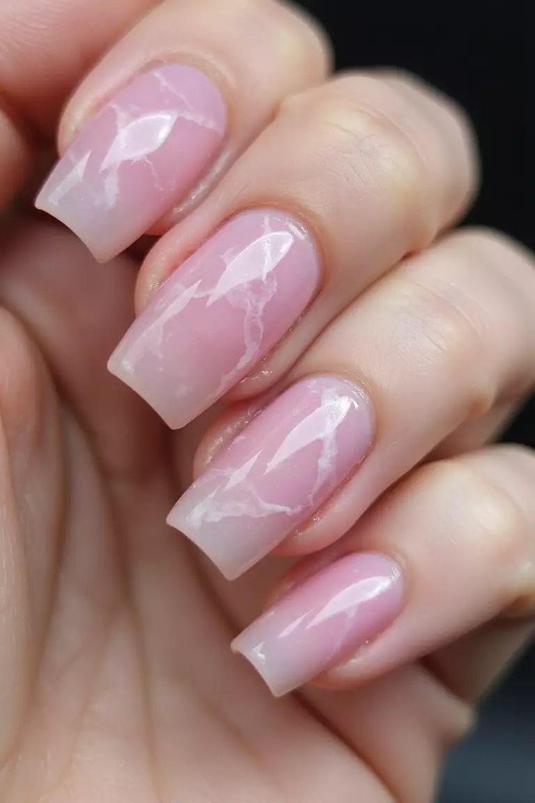 Rose Quartz Inspired Close-up of a woman's hand with five fingers featuring pink rose quartz effect nails with translucent finish and subtle white veining.