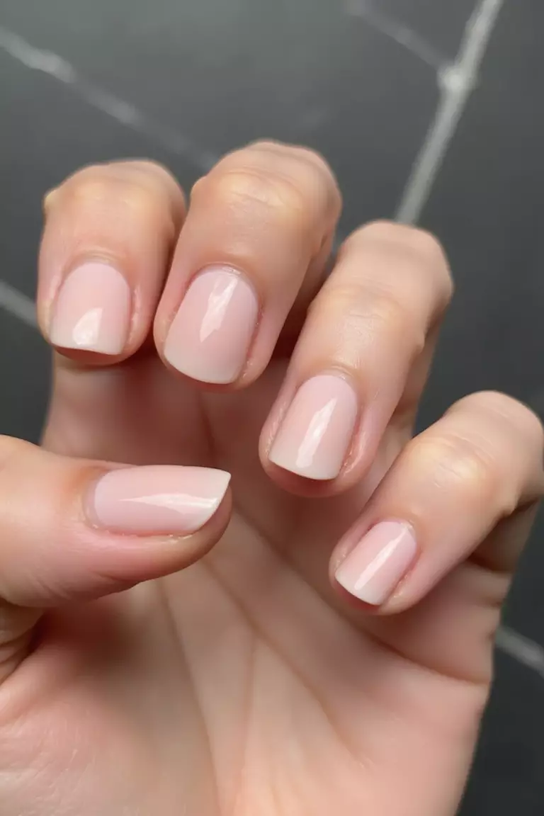 Natural Nude Close-up of a woman's hand with five fingers featuring short, natural nude nails with a clean finish, showing a minimalist yet elegant manicure.