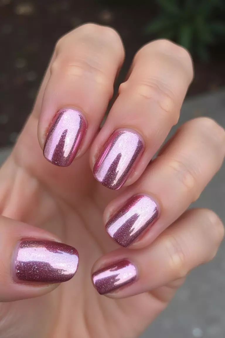 Pink Chrome Finish Close-up of a woman's hand with five fingers featuring pink chrome nails with metallic sheen, mirror-like reflective finish.