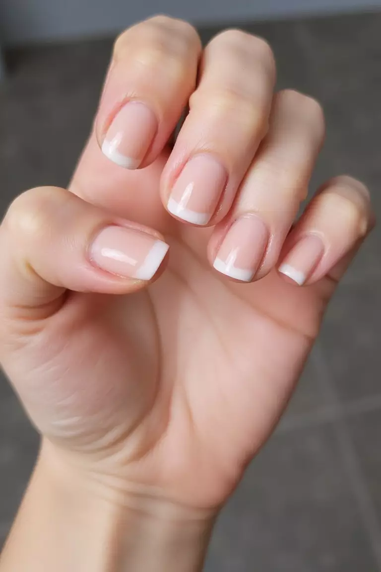 Simple Press Ons Close-up of a woman's hand with five fingers featuring short, natural-looking press-on nails with a clean, polished finish in a neutral shade.