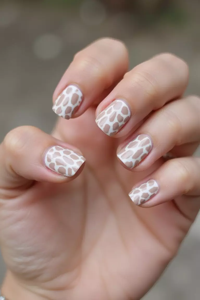 Wild Side Close-up of a woman's hand with five fingers featuring short nails with a subtle animal print design in wedding-appropriate neutral tones.