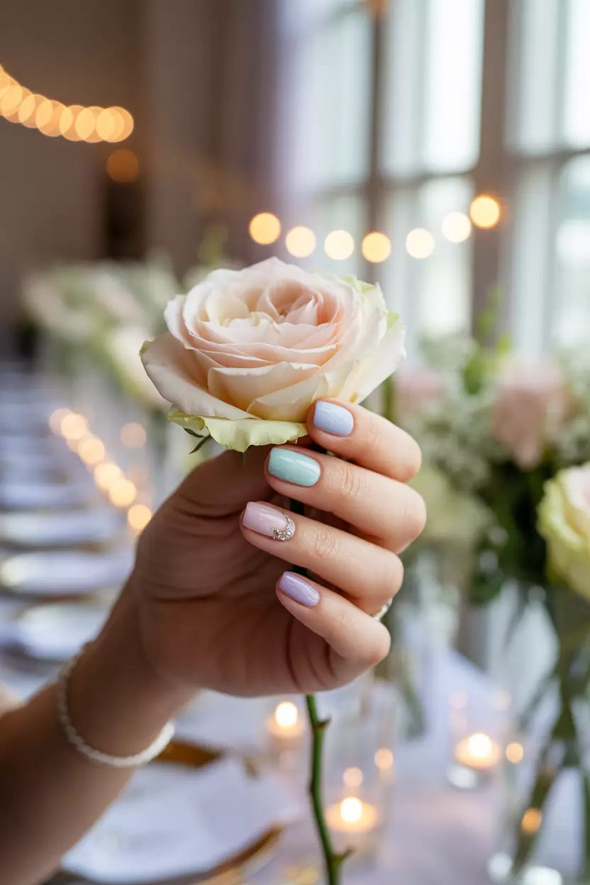 Soft Pastel Hues Close-up of a woman's hand with light pastel blue, mint, and lavender nails, softly catching sunlight against a wedding setting background.