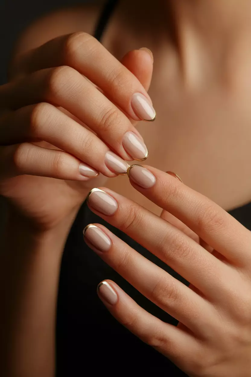 Gold Accent Tips Close-up of a woman's hand with neutral nails featuring thin gold tips, posed elegantly against a dark background highlighting the metallic accent.