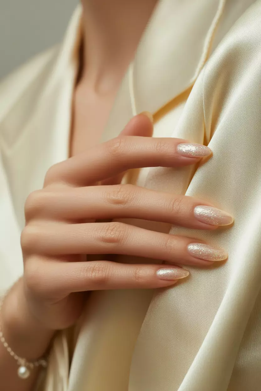 Champagne Shimmer Close-up of a woman's hand with champagne-colored nails with fine glitter catching light, held against a cream satin fabric background.