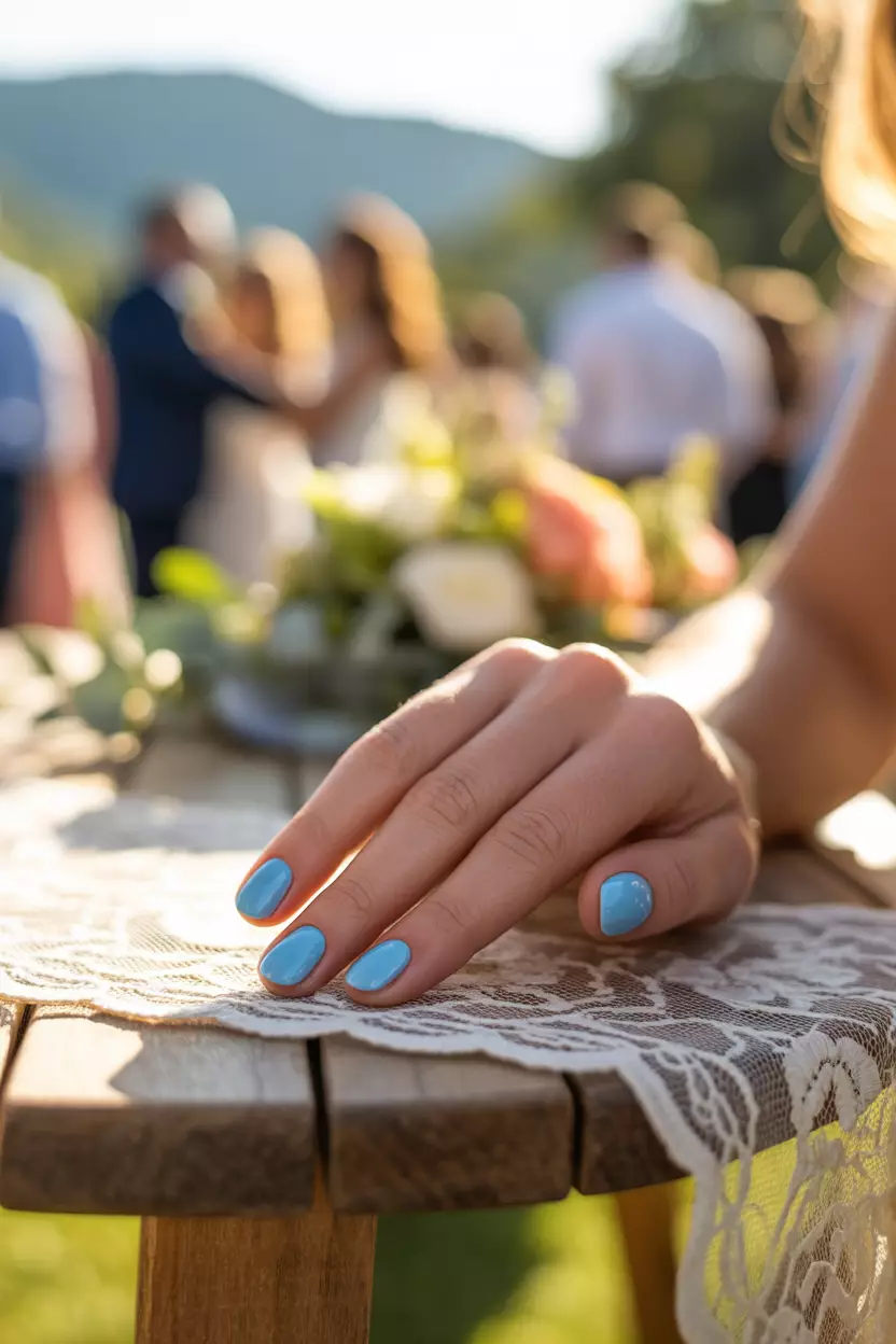 Sky Blue Close-up of a woman's hand with light sky blue nails in a glossy finish, positioned against a summer outdoor wedding setting background.