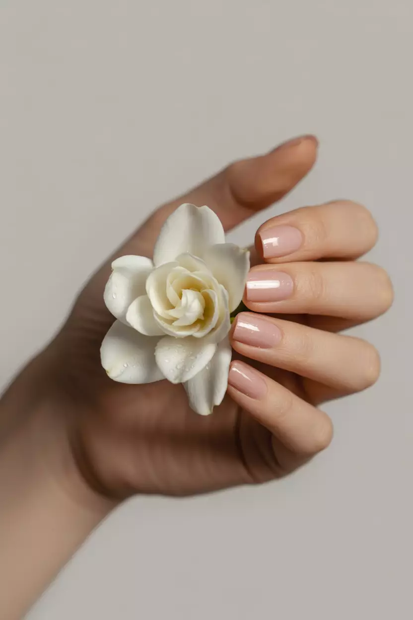 Blush Pink Close-up of a woman's hand with blush pink nails in a glossy finish, holding a delicate flower against a light background.