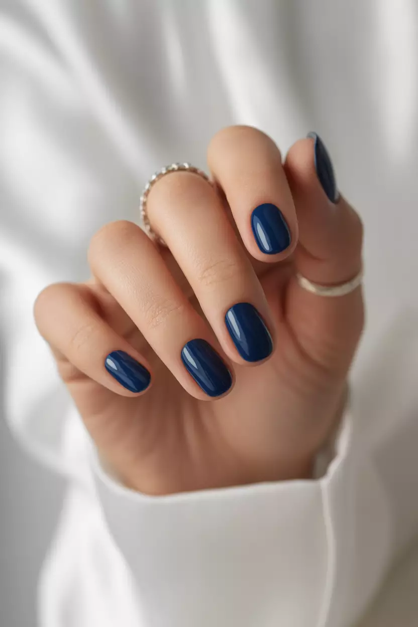 Navy Elegance Close-up of a woman's hand with deep navy blue nails in a glossy finish, posed against a light background highlighting the rich color.