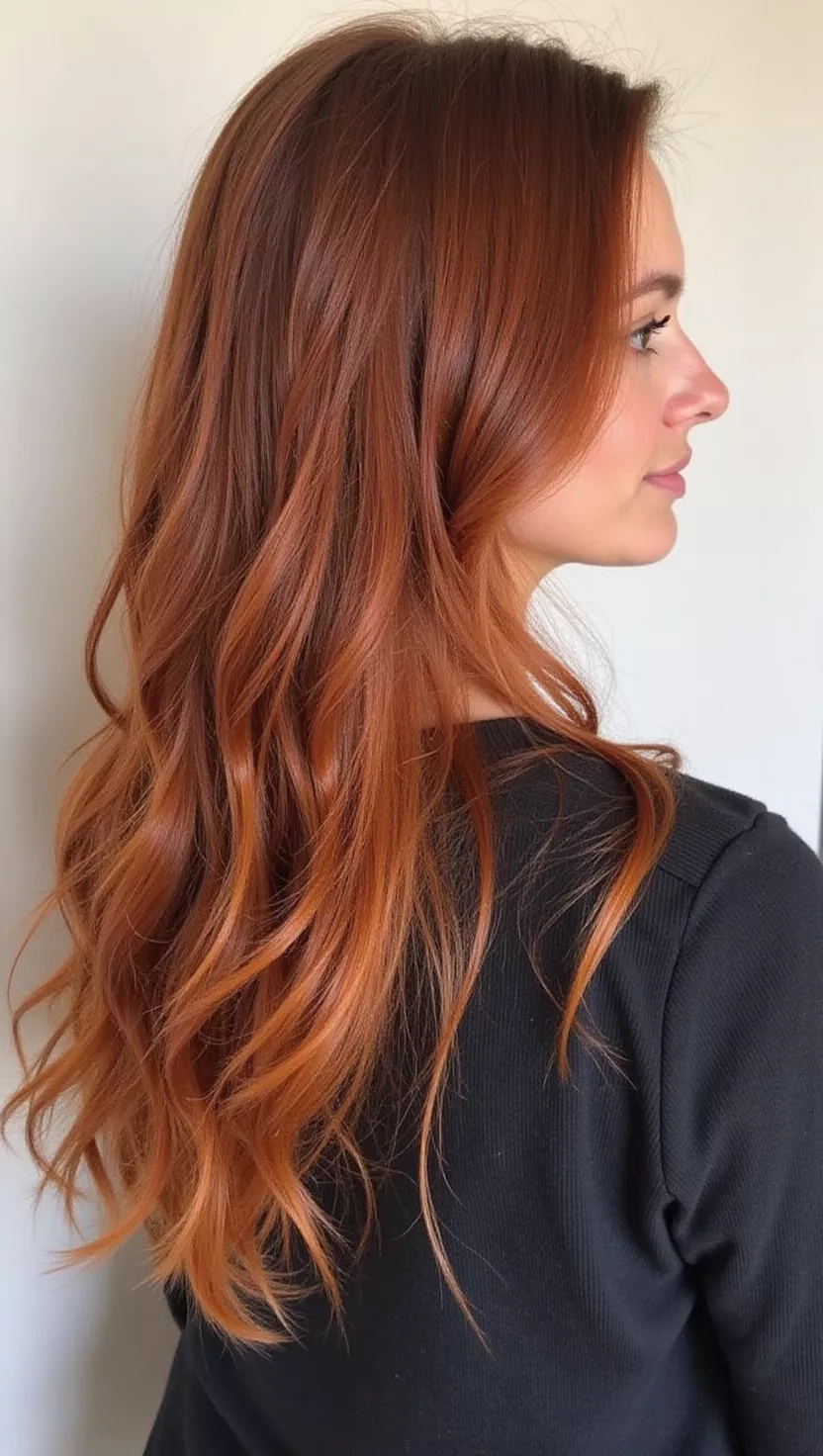Burnt Sienna A photo of a 34-year-old woman with a muted, earthy deep reddish-brown with orange undertones colored long, straight hair, profile view.