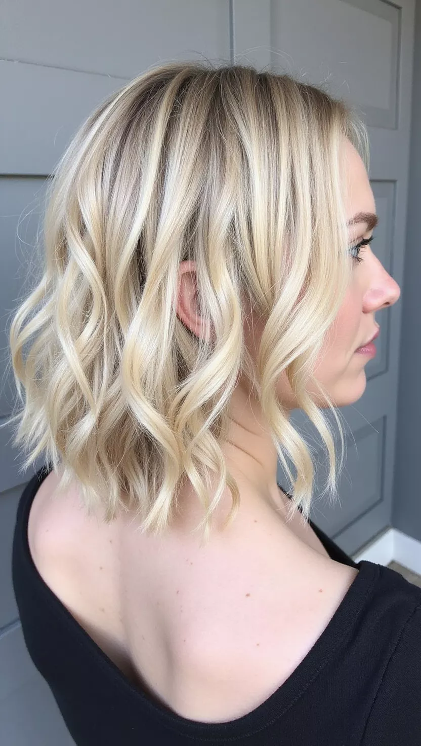 Cashmere Blonde A photo of a 39-year-old woman with a soft, luxurious cashmere blonde hair color, a creamy, muted blonde with delicate beige and warm undertones, colored wavy bob, back view.
