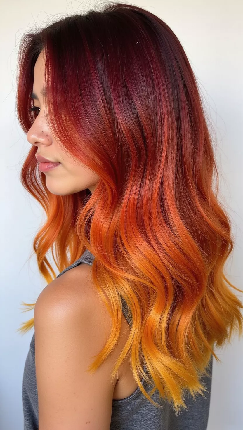 Sunset Ombre A photo of a 29-year-old woman with a gradient blend starting from a dark auburn red at the roots transitioning to fiery orange and golden yellow at the ends colored long, wavy hair, profile view.