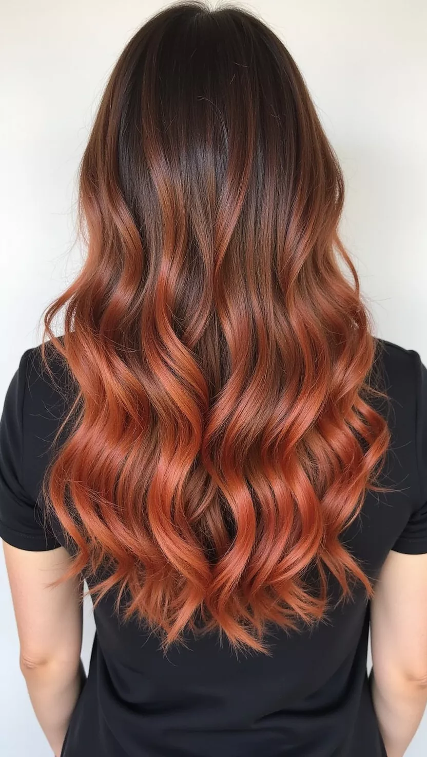 Cinnamon Swirl A photo of a 31-year-old woman with a warm brown with reddish-orange highlights colored medium-length layered hair, back view.