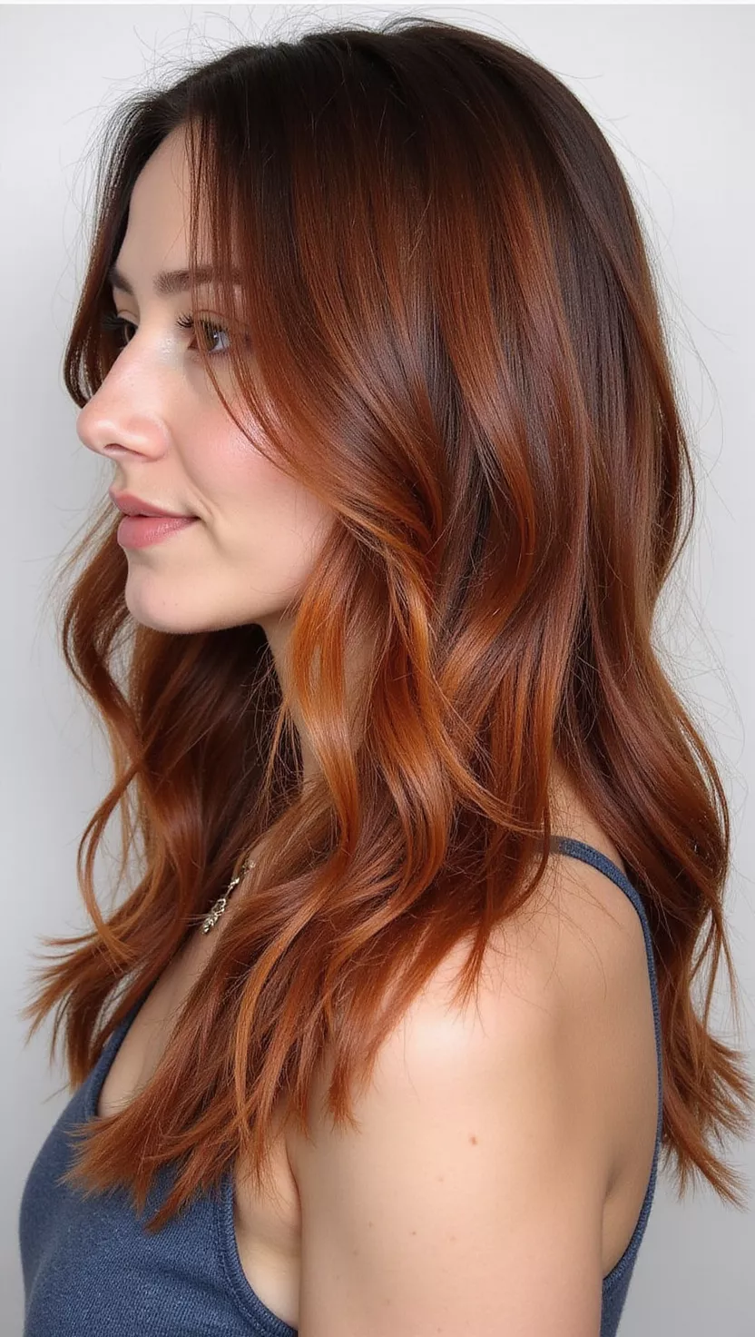 Warm Chestnut Brown A photo of a 28-year-old woman with a rich, medium brown with warm red and golden undertones colored long, layered hair, profile view.