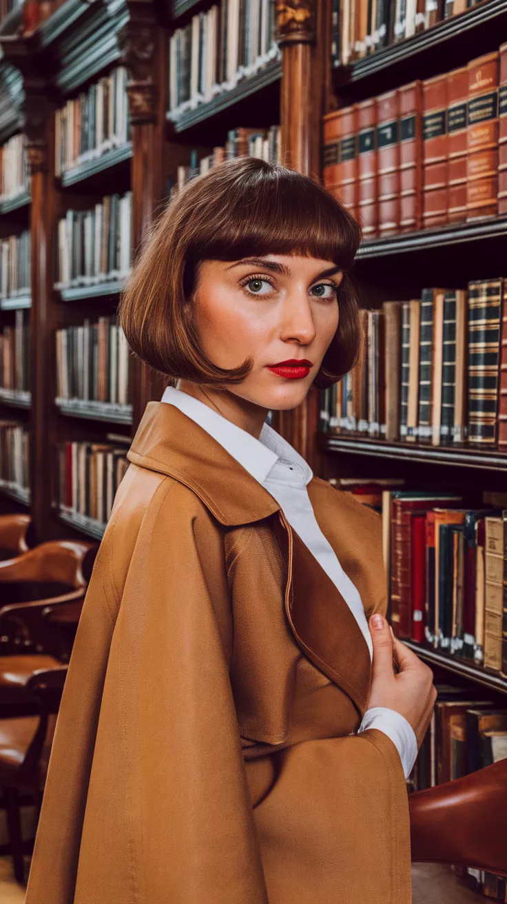 Classic Bob A photo of a 33-year-old woman with a classic bob, elegant library with antique books.