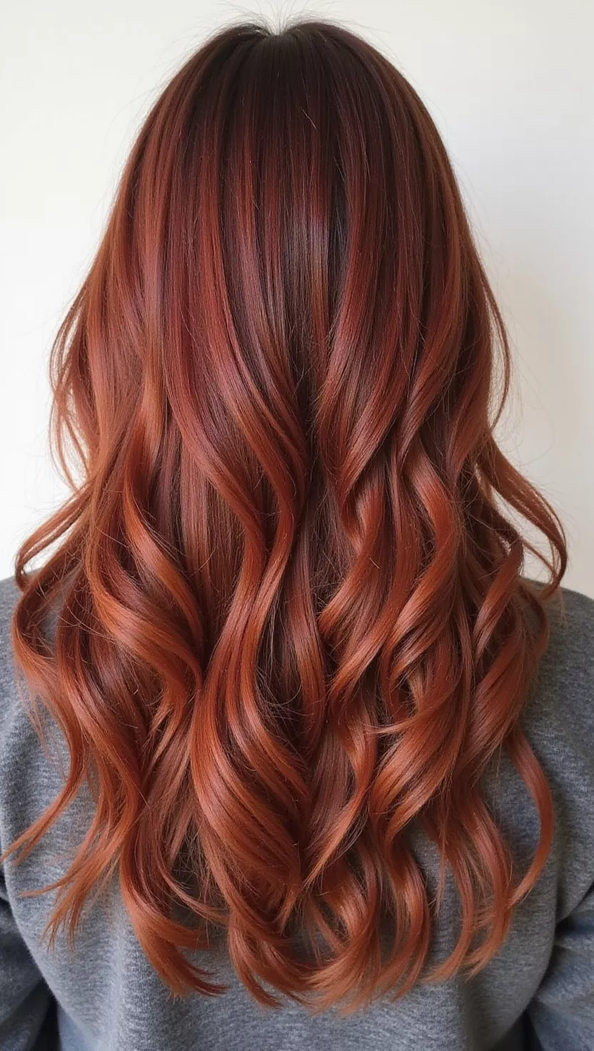 Chestnut Brown A photo of a 30-year-old woman with a deep reddish-brown with warm undertones colored medium-length layered hair, back view.