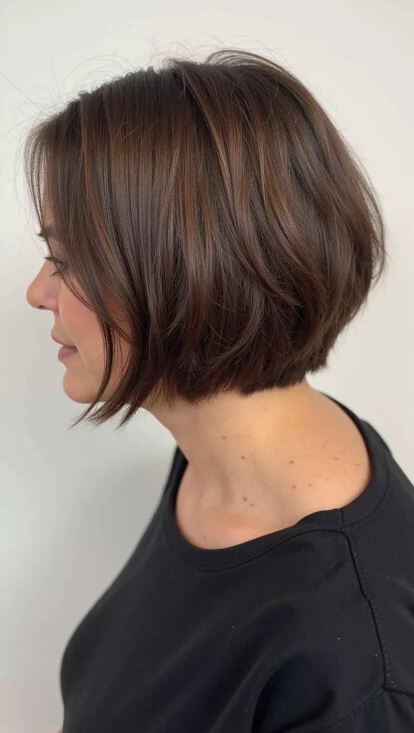 A photo of a 33-year-old woman with a Ash Brown colored bob, back view.
