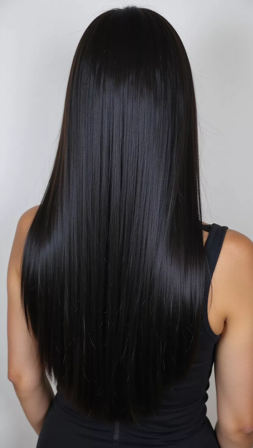A photo of a 31-year-old woman with a pure, intense, and glossy black color, appearing almost unnatural in its depth and shine, colored long, straight hair, back view.