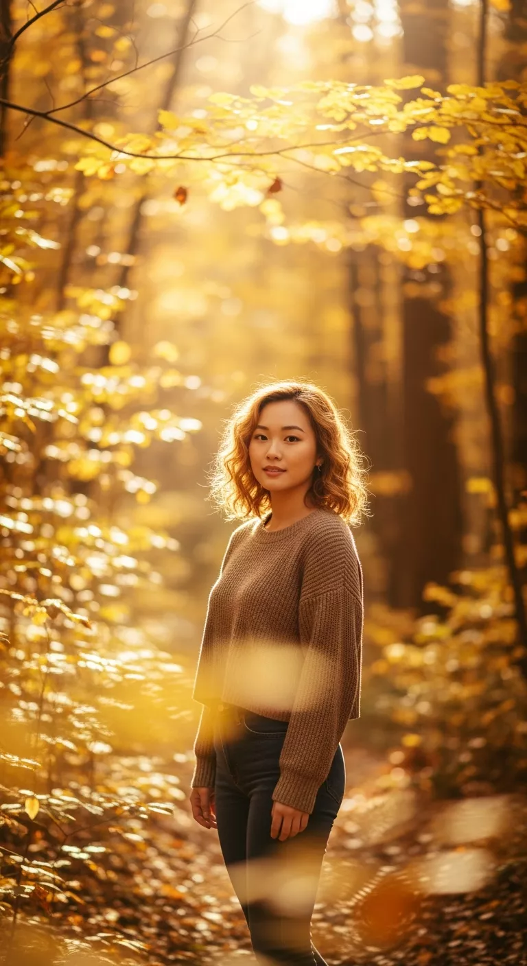 Soft Curls A photo of a 26-year-old woman with a soft curls hairstyle, golden autumn forest background.