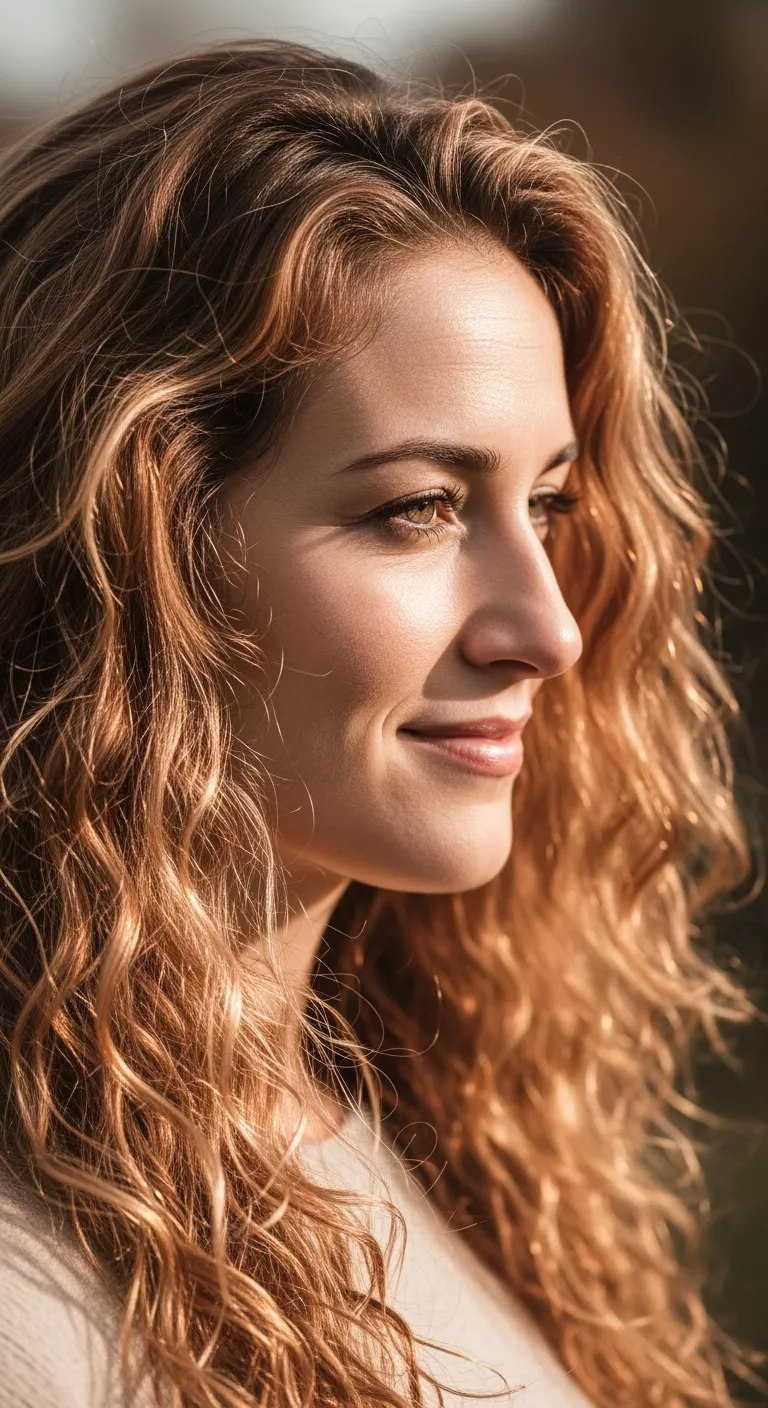 Pumpkin Spice Blonde A photo of a 32-year-old woman with a warm, autumnal pumpkin spice blonde, featuring hints of ginger and cinnamon mixed with blonde colored long, curly hair, side view.