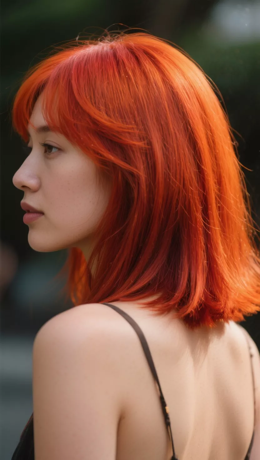 A photo of a 31-year-old woman with a bright, rich, and intense copper hair color that is striking and brilliant, colored shoulder-length, straight hair, back view.