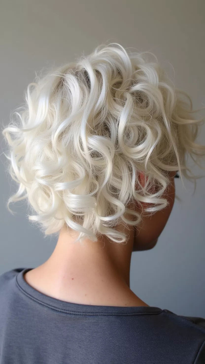 Platinum A photo of a 35-year-old woman with a platinum colored short curly hair, back view.