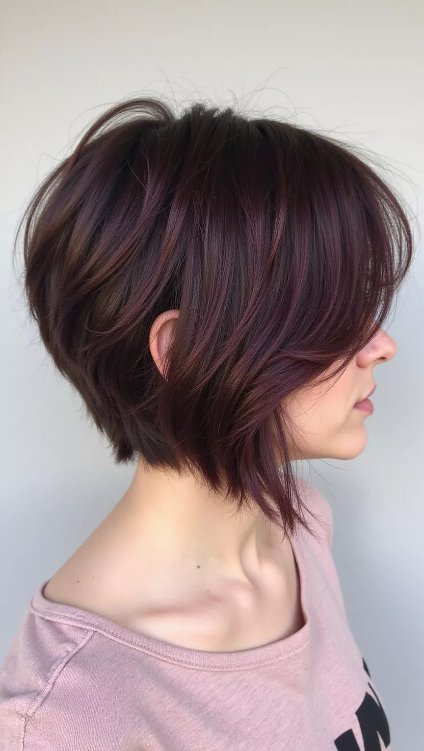 Violet Hues A photo of a 22-year-old woman with a Violet Hues (dark brown with subtle hints of plum) colored short, choppy cut, back view.
