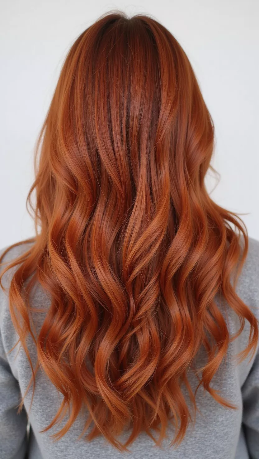 Cinnamon A photo of a 27-year-old woman with a vibrant, spicy cinnamon hair color, a reddish-brown hue with warm, golden undertones, colored layered hair, back view.
