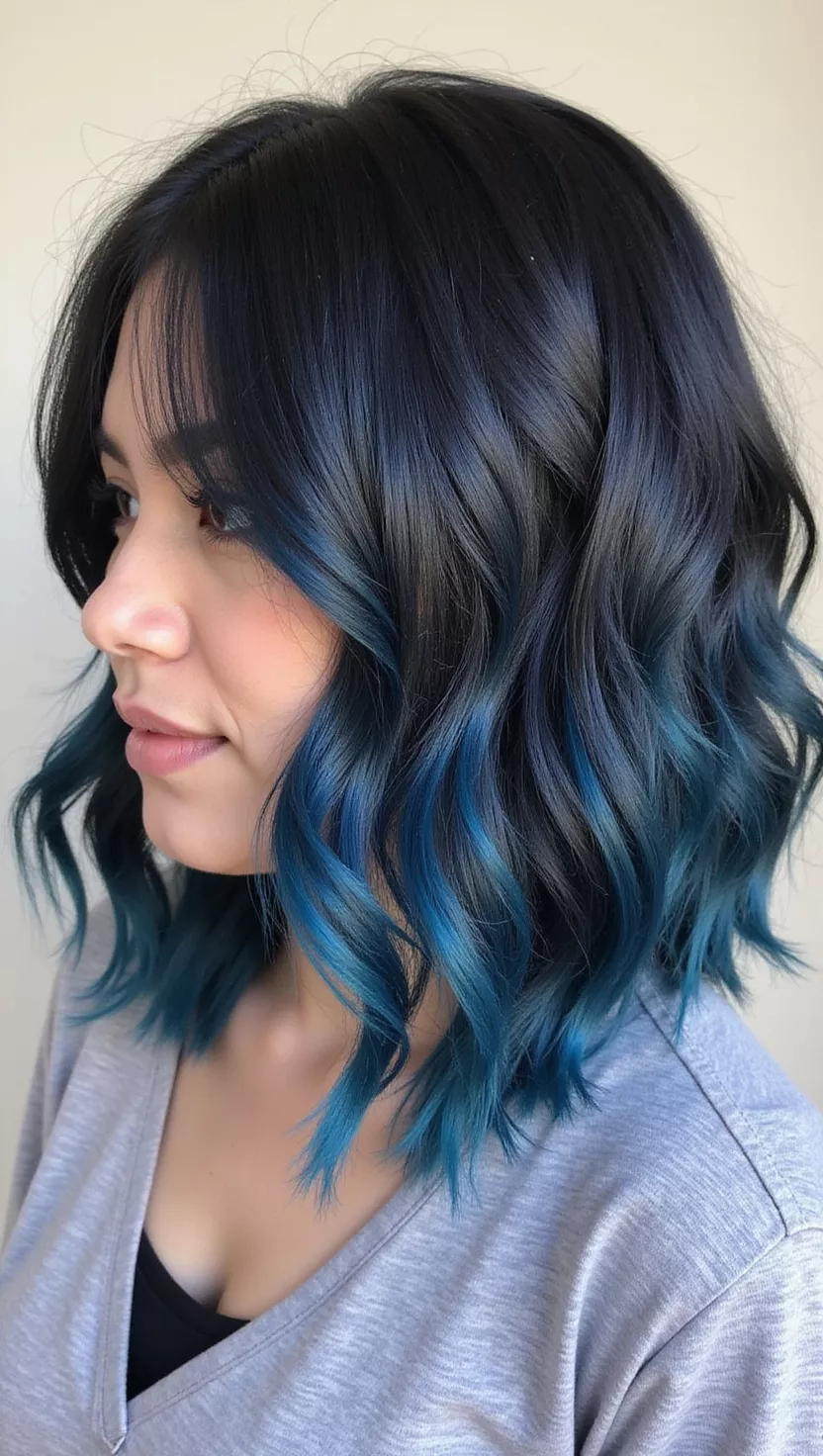 Smoky Blue Black A photo of a 29-year-old woman with a very dark, almost black base with cool, subtle blue undertones that become more prominent in certain lighting colored shoulder-length bob, profile view.