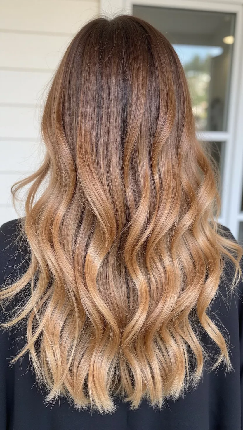 Caramel Blonde Shade A photo of a 38-year-old woman with a delicious caramel blonde shade, a warm, rich blonde with golden-brown undertones, colored long, layered hair, back view.