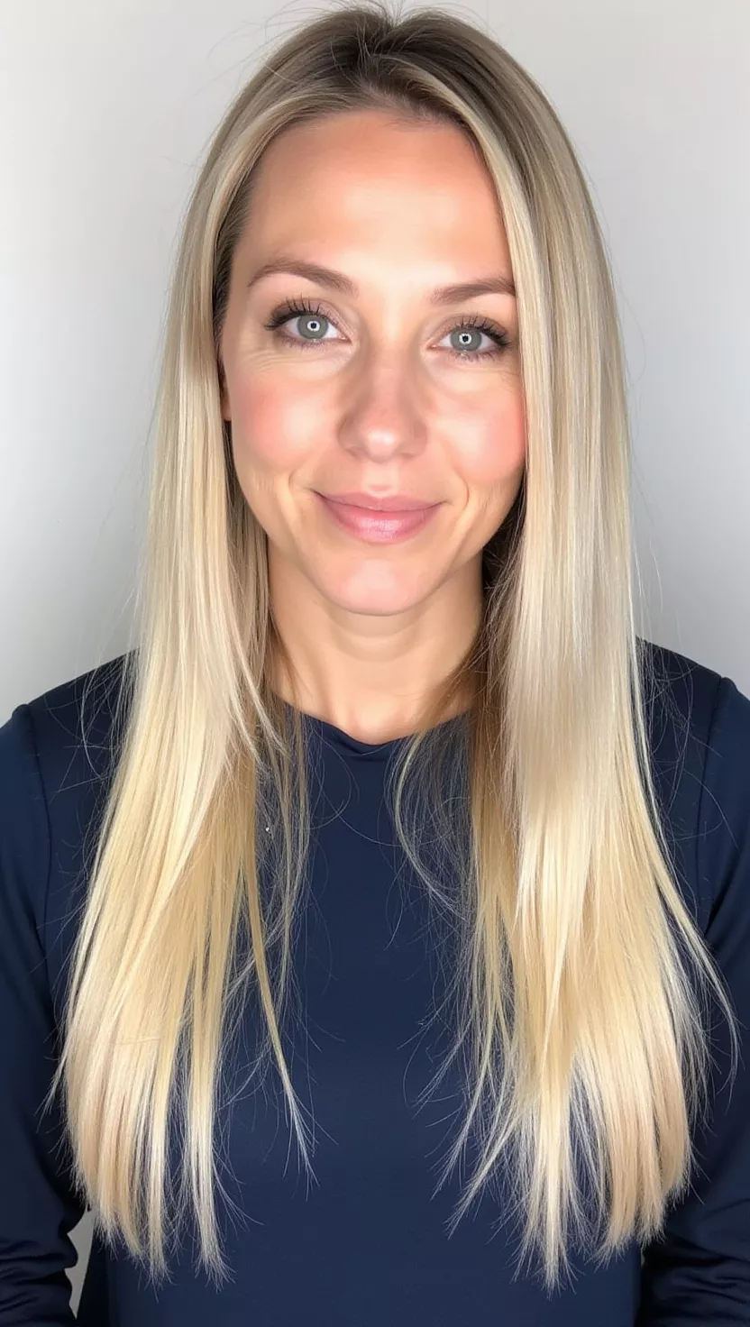 Cool Champagne A photo of a 36-year-old woman with a sophisticated, cool champagne blonde with shimmering icy undertones colored sleek, straight hair, front view.