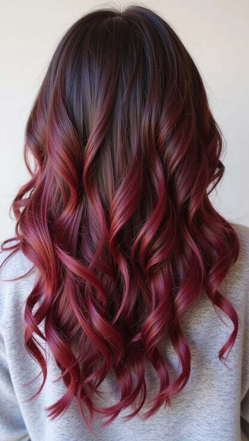 A photo of a 27-year-old woman with a rich, warm brown base infused with deep red and burgundy highlights, resembling dark chocolate with cherry undertones, colored loose, long curls, back view.